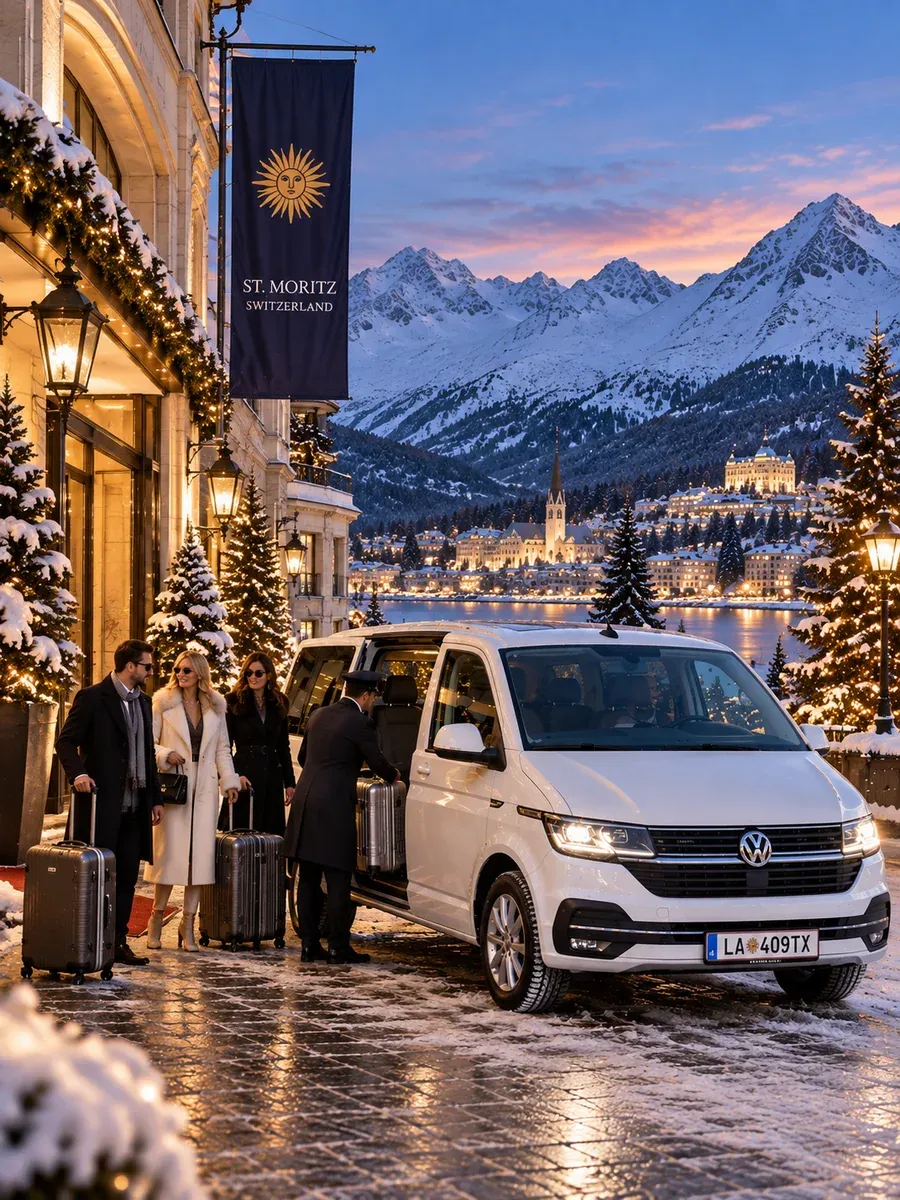 Ein Fahrer lädt Koffer in einen weißen VW Caravelle vor einem Hotel in St. Moritz in der Dämmerung, drei Gäste warten daneben, dahinter der See und der erleuchtete Ort