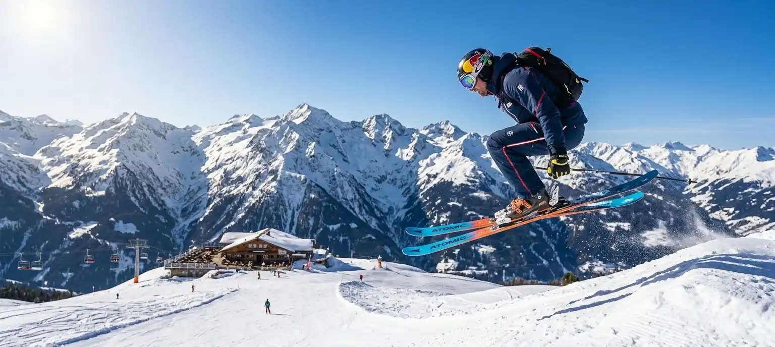 Skier jumping on the slopes of the Arlberg, with a mountain restaurant below