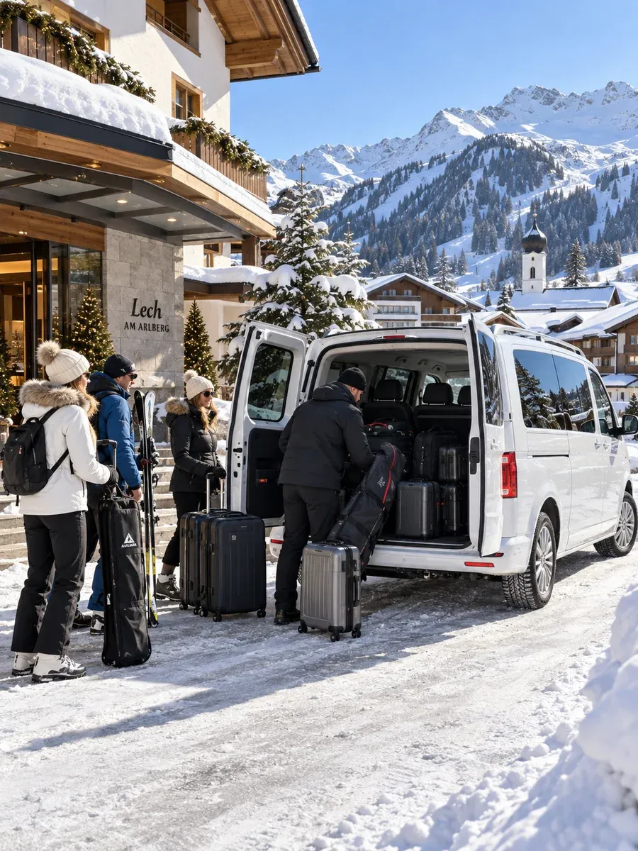 Lech to Davos transfer — door to door with the luggage Private taxi loaded with luggage and ski equipment for the transfer out of Lech am Arlberg