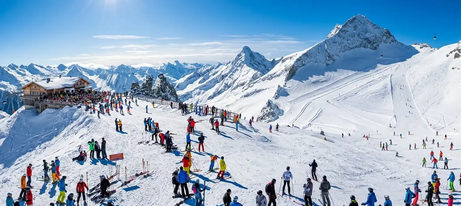 Taxi St. Anton am Arlberg Busy sunny ski slope with a mountain restaurant above St. Anton am Arlberg