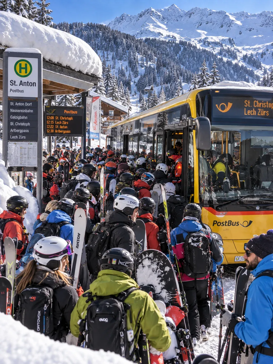 Taxi or Ski Bus in St. Anton Skiers with skis and boards queuing at the Postbus stop in St. Anton am Arlberg for the bus to St. Christoph, Lech and Zürs