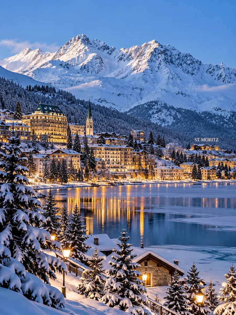 Transfer von Lech nach St. Moritz — von Tür zu Tür St. Moritz über dem zugefrorenen See in der Dämmerung, erleuchtete Hotelfenster und Schnee auf den Tannen