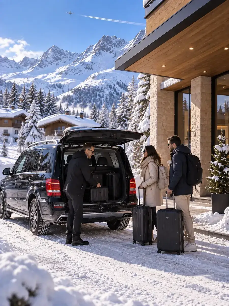 Door-to-door drop-off at a hotel entrance in Zürs am Arlberg Private transfer stopping at a hotel entrance in Zürs am Arlberg