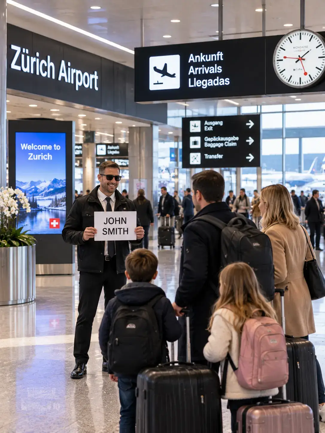Abholung und Empfang am Flughafen Zürich für den Transfer nach St. Christoph Alpinum Taxi Fahrer empfängt eine Familie in der Ankunftshalle am Flughafen Zürich