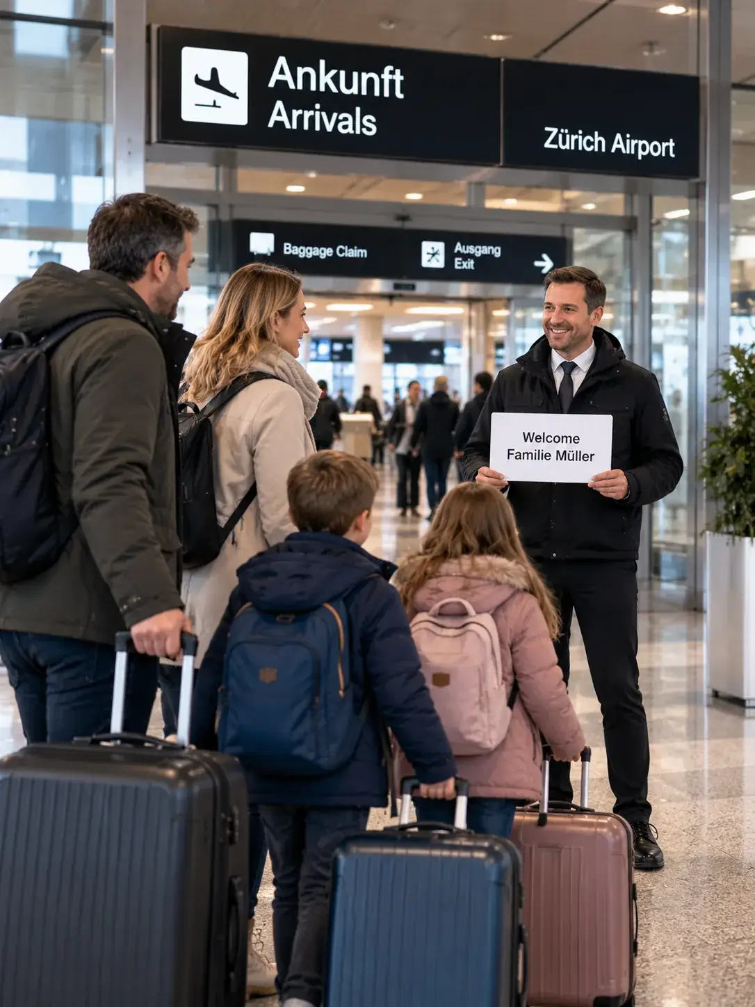 Zurich Airport Pickup & Meet & Greet for Stuben Transfer Alpinum Taxi driver meeting passengers in the arrivals hall at Zurich Airport