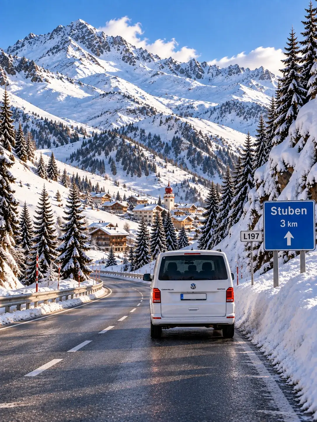 Zurich Airport to Stuben Transfer — Distance & Journey Time VW Caravelle 4x4 on the winter road to Stuben am Arlberg