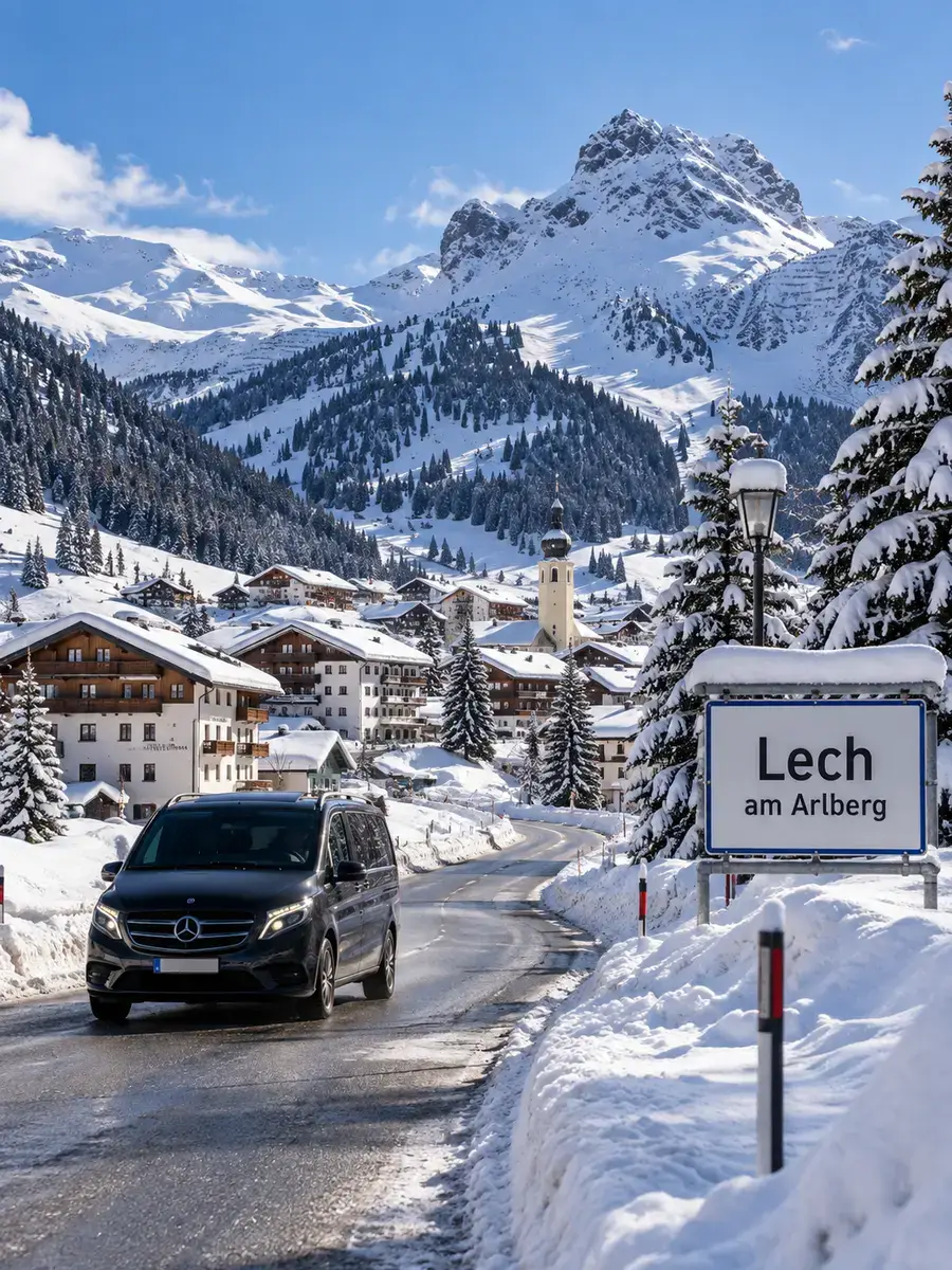 Winter road into Lech am Arlberg on the transfer from Zurich Airport