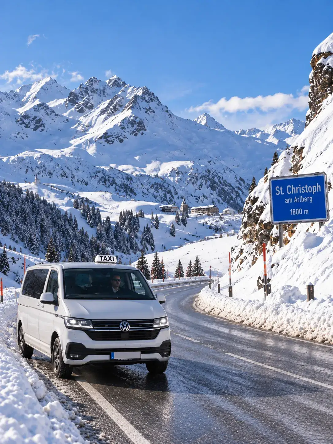 Transfer Flughafen Zürich nach St. Christoph — Fahrzeit VW Caravelle 4x4 auf der Winterstraße nach St. Christoph am Arlberg