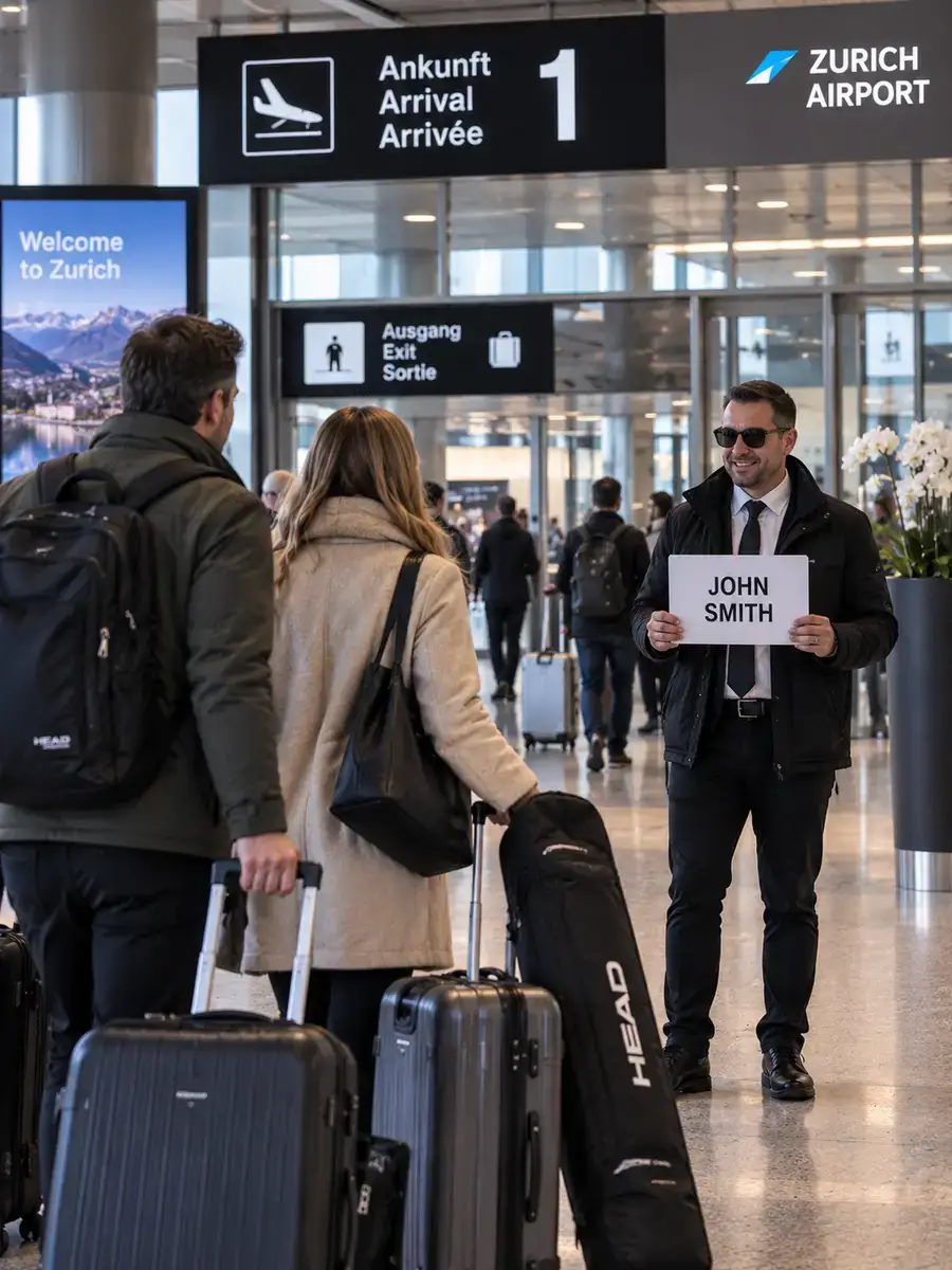 Empfang am Flughafen Zürich für den Transfer nach Zürs Fahrer empfängt Gäste am Flughafen Zürich für einen privaten Transfer nach Zürs