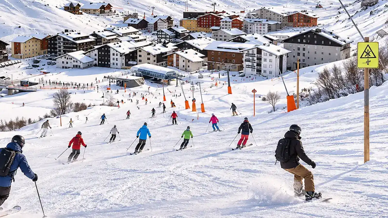 Skigebiet Zürs am Arlberg im Winter mit Skifahrern und Snowboardern