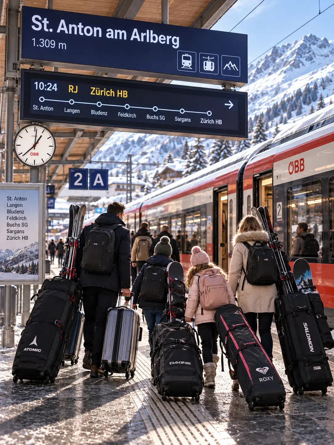Von Zürich nach St. Christoph mit dem Zug und Skigepäck Familie reist mit Skisäcken und Gepäck von Zürich nach St. Christoph am Arlberg mit dem Zug