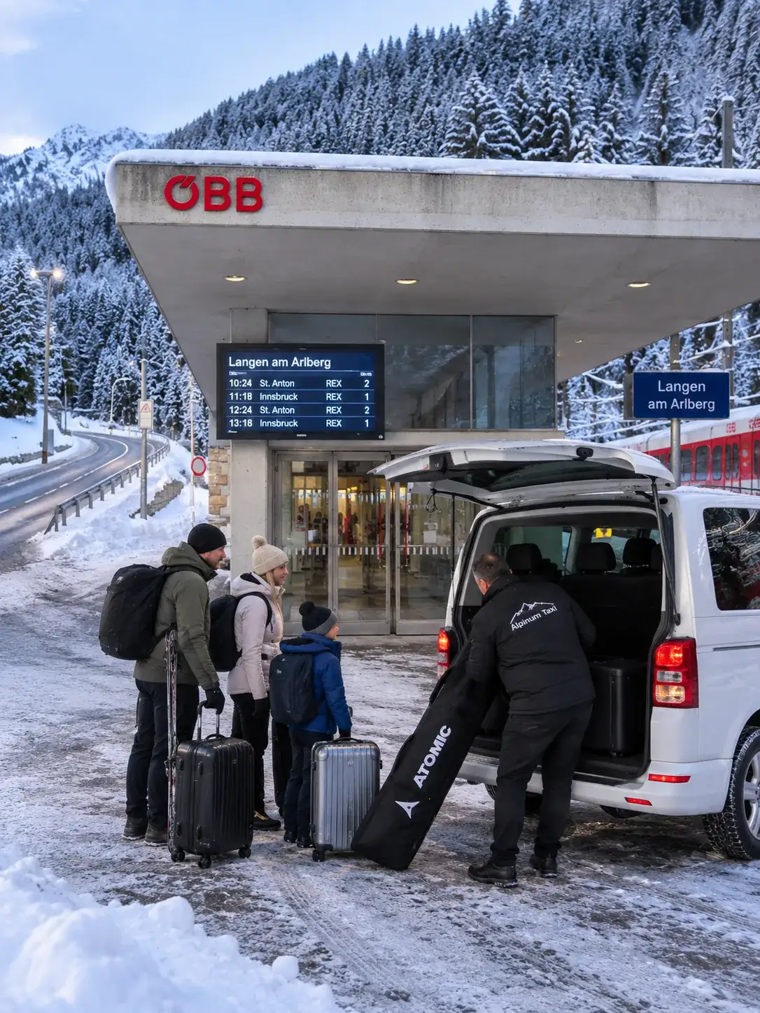 Zurich to Stuben by Train via Langen am Arlberg — and the Last Three Kilometres Alpinum Taxi meeting guests off the train at Langen am Arlberg station for the last three kilometres to Stuben