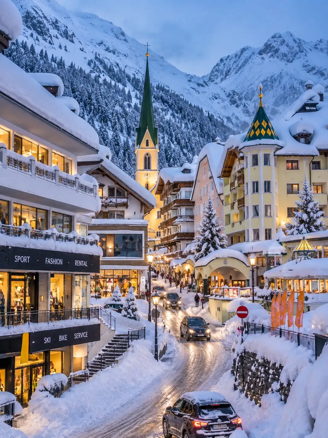 Winterabende in Zürs am Arlberg Zürs am Arlberg im Winter mit verschneiten Straßen und abendlicher Stimmung