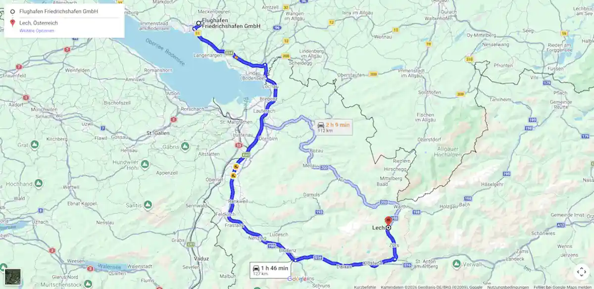 Friedrichshafen Airport to Lech am Arlberg Route Map Route map from Friedrichshafen Airport to Lech am Arlberg by way of Lindau, Bregenz, Feldkirch, Bludenz and the Flexenstraße