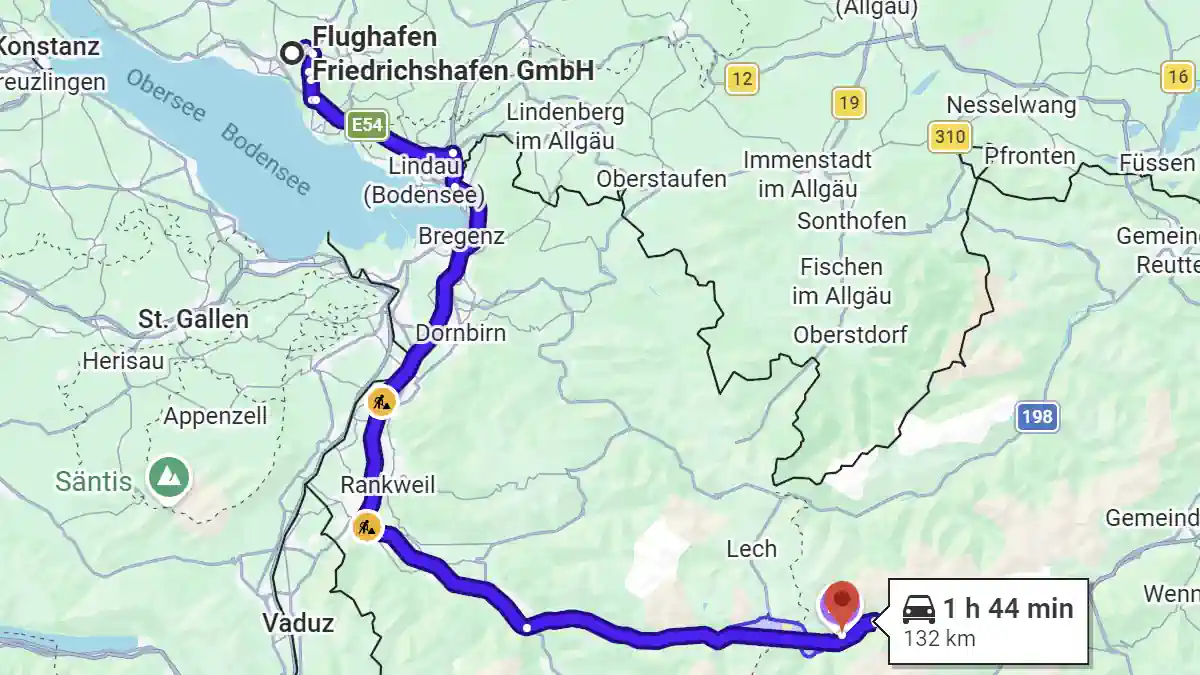 Friedrichshafen Airport to St. Anton am Arlberg Route Map Route map from Friedrichshafen Airport to St. Anton am Arlberg by way of Lindau, Bregenz, Feldkirch and Bludenz