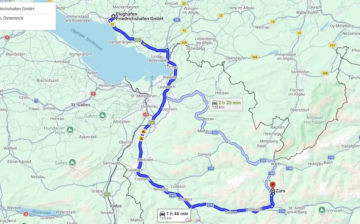 Streckenkarte Flughafen Friedrichshafen nach Zürs am Arlberg Streckenkarte vom Flughafen Friedrichshafen nach Zürs am Arlberg über Lindau, Bregenz, Feldkirch, Bludenz, das Klostertal und die Flexenstraße