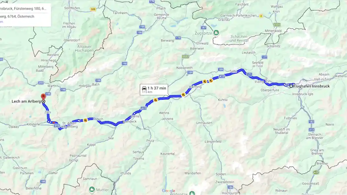 Innsbruck Airport to Lech am Arlberg Route Map Route map from Innsbruck Airport to Lech am Arlberg
