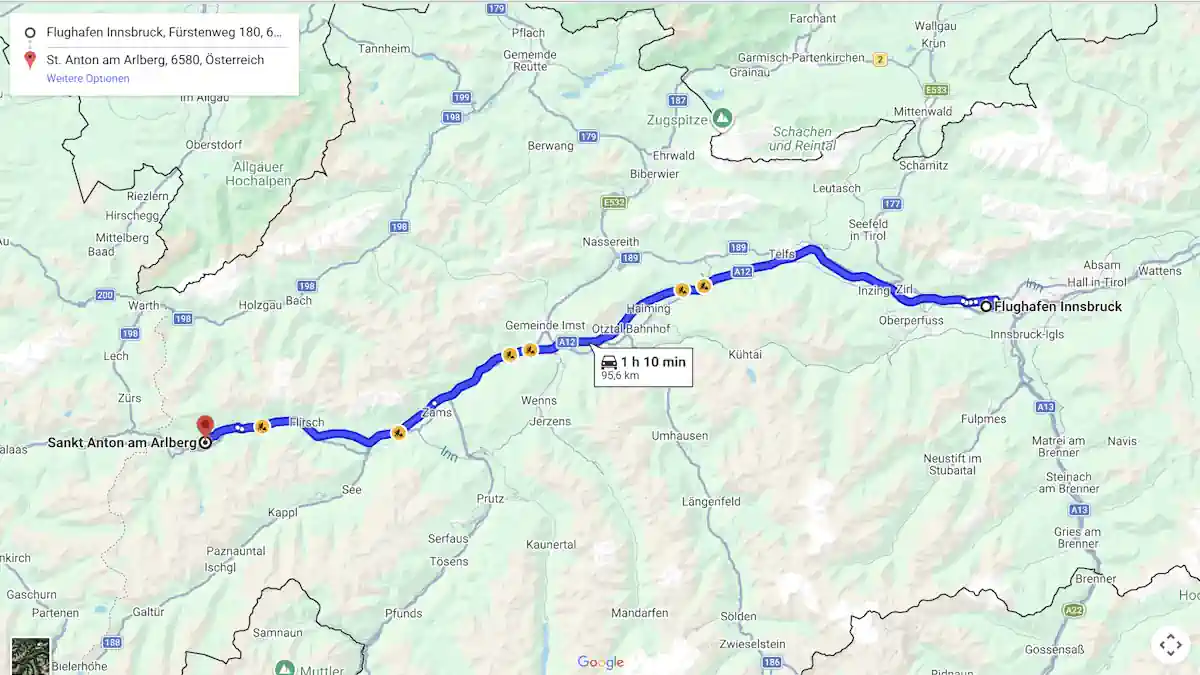 Innsbruck Airport to St. Anton am Arlberg Route Map Route map from Innsbruck Airport to St. Anton am Arlberg