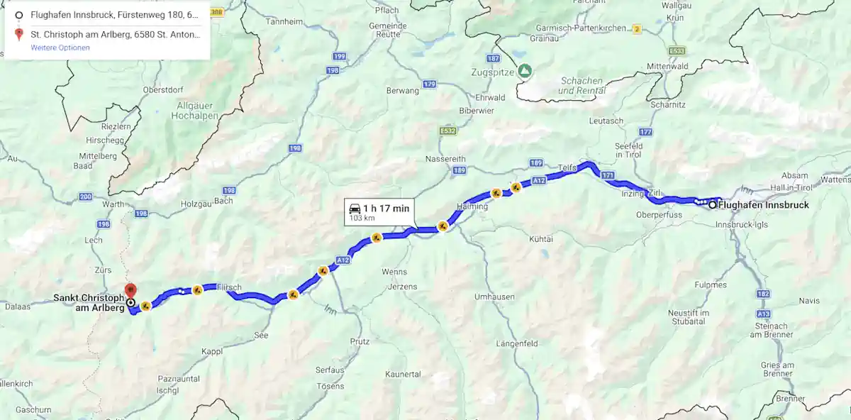 Route map from Innsbruck Airport to St. Christoph am Arlberg