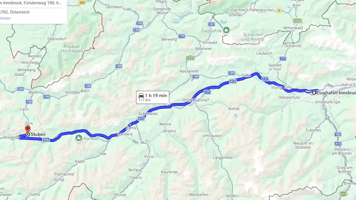 Route map from Innsbruck Airport to Stuben am Arlberg