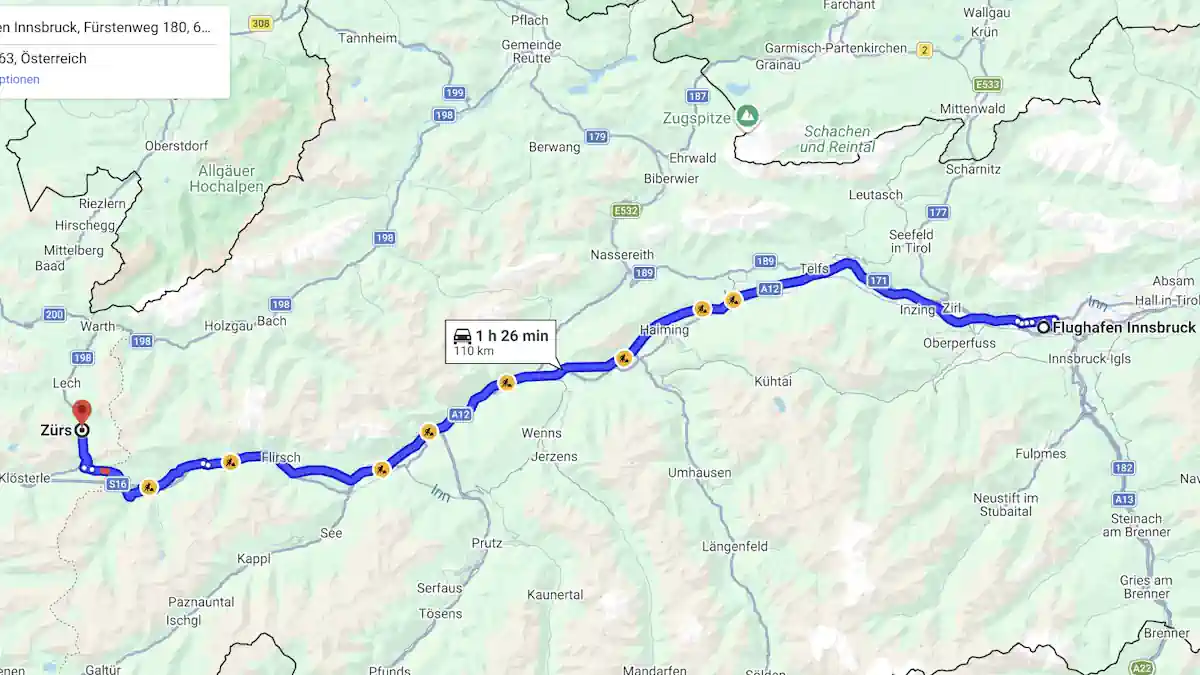 Innsbruck Airport to Zürs am Arlberg Route Map Route map from Innsbruck Airport to Zürs am Arlberg