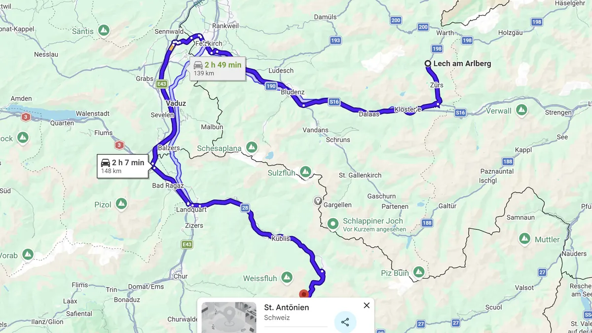 The road from Lech to Davos Map of the route from Lech am Arlberg to Davos
