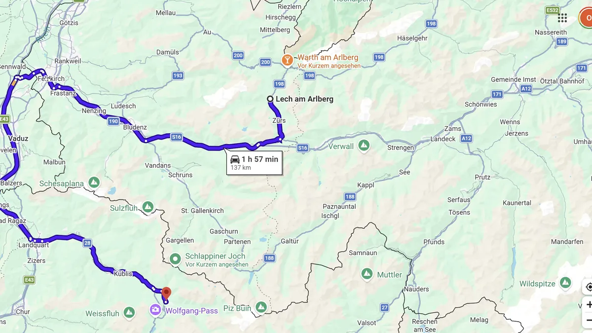 Kartenausschnitt der Strecke von Lech am Arlberg nach Klosters