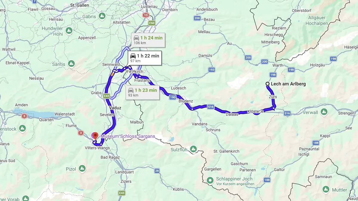 Die Strasse von Lech nach Sargans Kartenausschnitt der Strecke von Lech am Arlberg nach Sargans