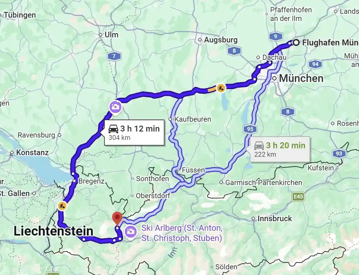 Munich Airport to Lech am Arlberg Route Map Route map from Munich Airport to Lech am Arlberg by way of Memmingen, Lindau, Bregenz and the Klostertal