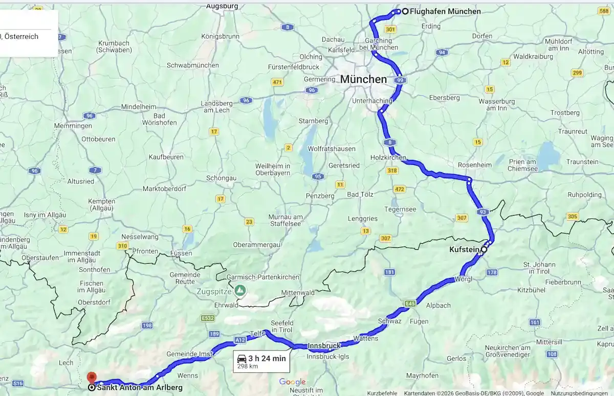 Munich Airport to St. Anton am Arlberg Route Map Route map from Munich Airport to St. Anton am Arlberg by way of Rosenheim, Kufstein, the Inn valley and Innsbruck