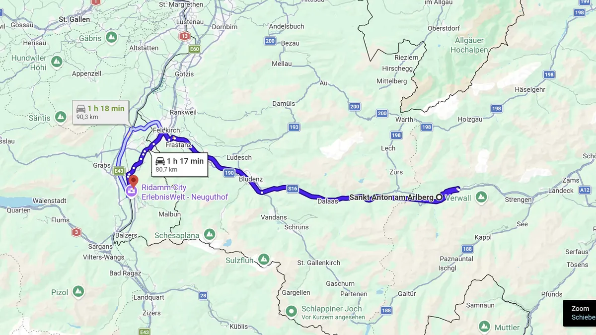 Map of the route from St. Anton am Arlberg to Buchs SG