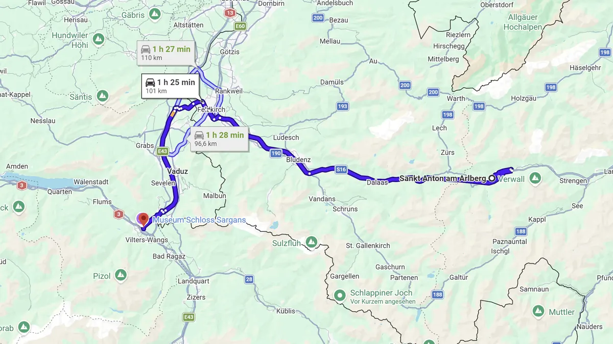 Map of the route from St. Anton am Arlberg to Sargans