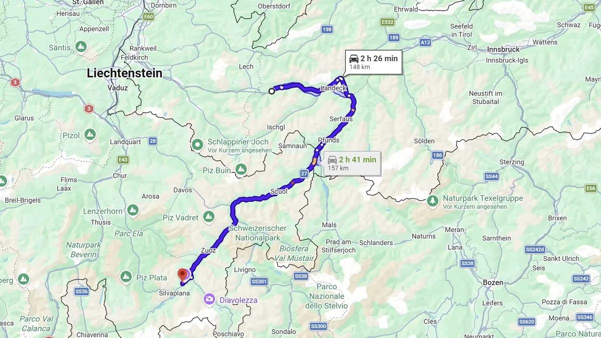 Kartenausschnitt der Strecke von St. Anton am Arlberg nach St. Moritz