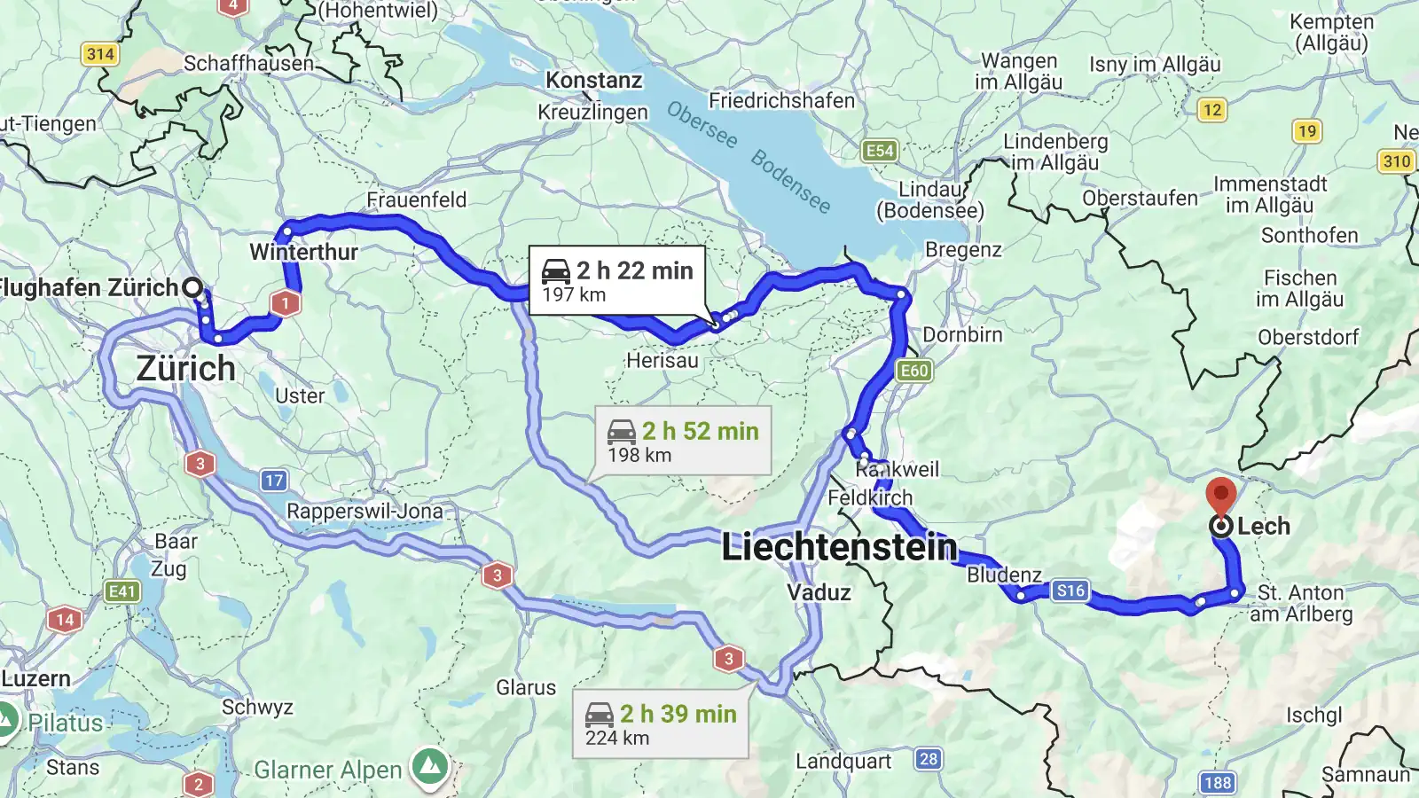 Route map from Zurich Airport to Lech am Arlberg