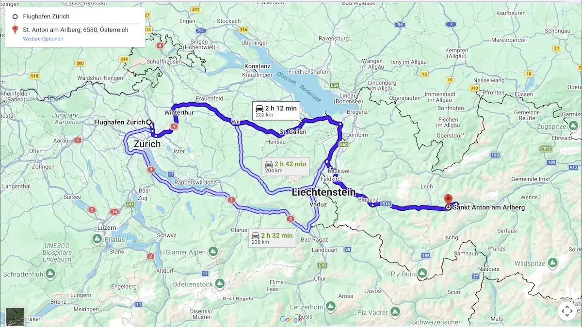 Karte der Transferstrecke vom Flughafen Zürich nach St. Anton am Arlberg