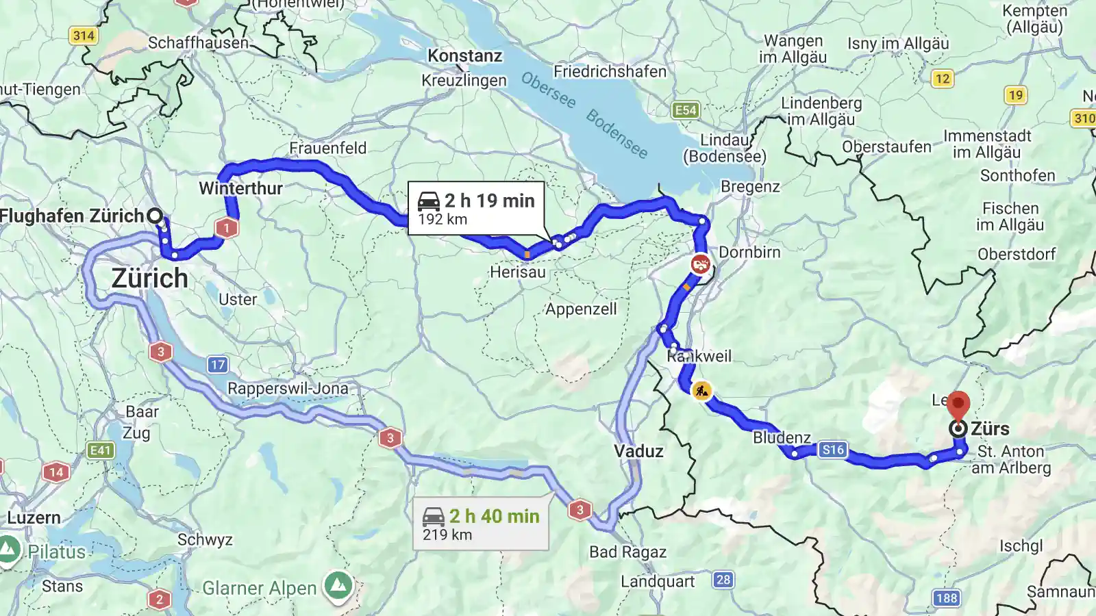 Streckenkarte Flughafen Zürich nach Zürs am Arlberg Streckenkarte vom Flughafen Zürich nach Zürs am Arlberg